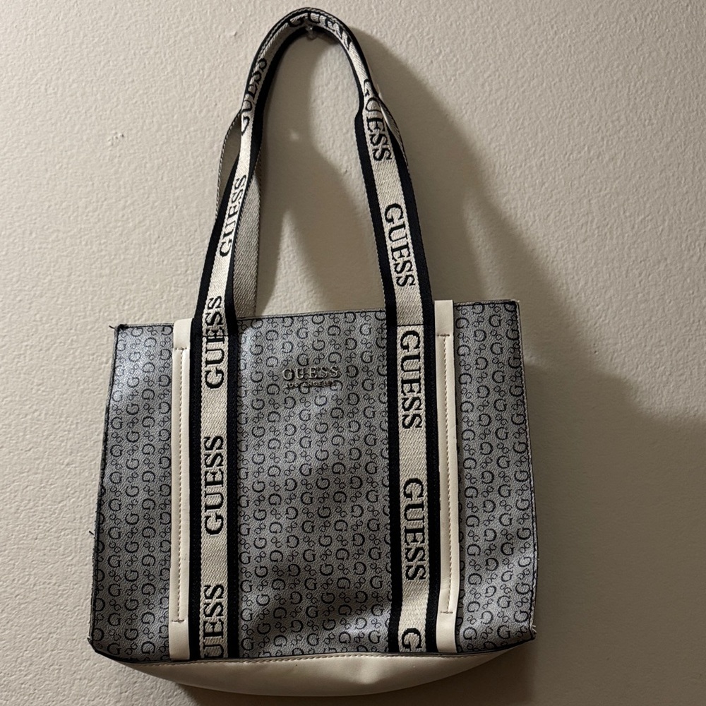 GUESS White and Gray Logo Tote Bag